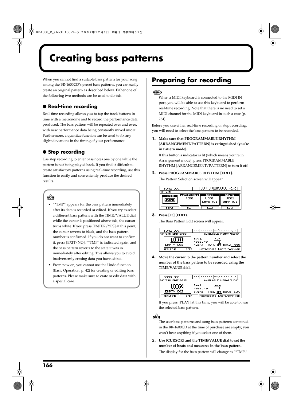 Creating bass patterns, Preparing for recording | Boss Audio Systems DIGITAL RECORDING STUDIO BR-1600CD User Manual | Page 166 / 312