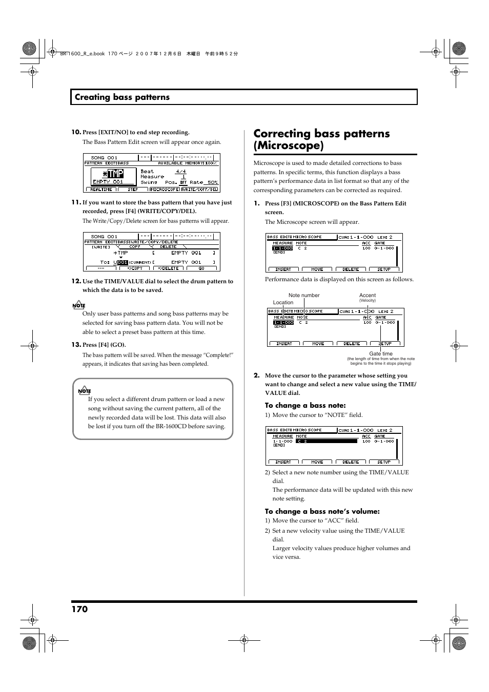 Correcting bass patterns (microscope), 170 creating bass patterns | Boss Audio Systems DIGITAL RECORDING STUDIO BR-1600CD User Manual | Page 170 / 312