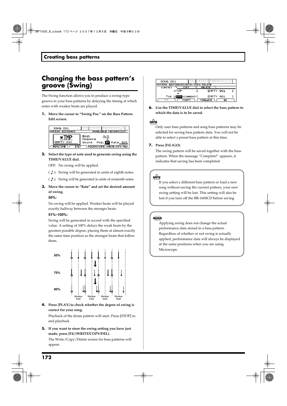 Changing the bass pattern’s groove (swing), 172 creating bass patterns | Boss Audio Systems DIGITAL RECORDING STUDIO BR-1600CD User Manual | Page 172 / 312