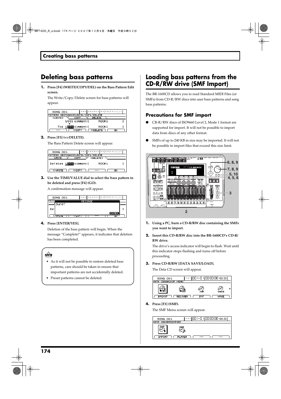 Deleting bass patterns, Loading bass patterns from the, Cd-r/rw drive (smf import) | 174 creating bass patterns, Precautions for smf import | Boss Audio Systems DIGITAL RECORDING STUDIO BR-1600CD User Manual | Page 174 / 312