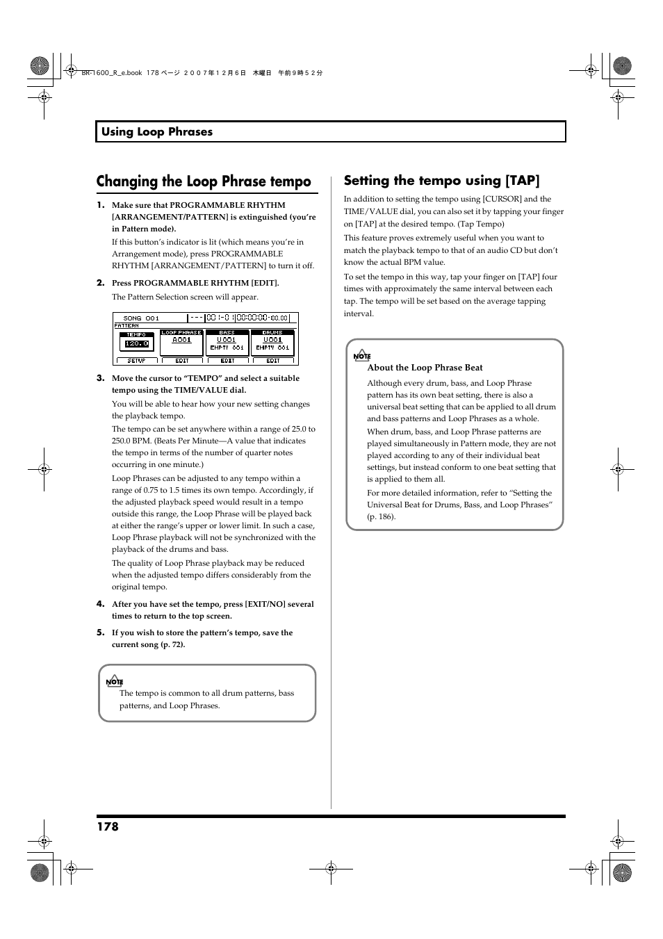 Changing the loop phrase tempo, Setting the tempo using [tap | Boss Audio Systems DIGITAL RECORDING STUDIO BR-1600CD User Manual | Page 178 / 312