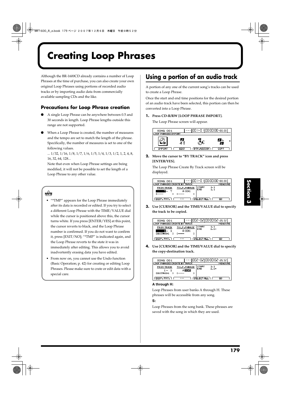 Creating loop phrases, Using a portion of an audio track | Boss Audio Systems DIGITAL RECORDING STUDIO BR-1600CD User Manual | Page 179 / 312