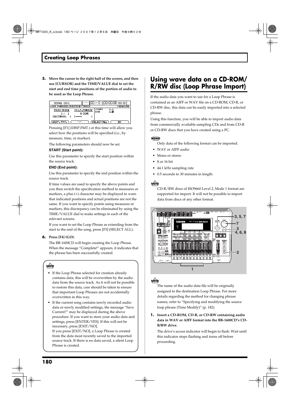 Using wave data on a cd-rom, R/rw disc (loop phrase import), 180 creating loop phrases | Boss Audio Systems DIGITAL RECORDING STUDIO BR-1600CD User Manual | Page 180 / 312
