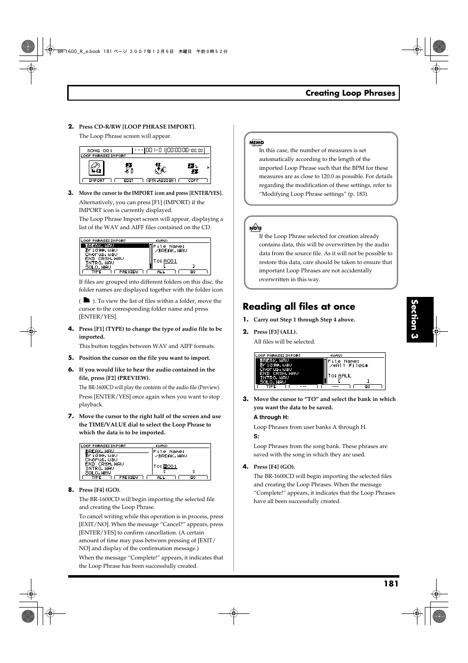 Reading all files at once, 181 creating loop phrases | Boss Audio Systems DIGITAL RECORDING STUDIO BR-1600CD User Manual | Page 181 / 312