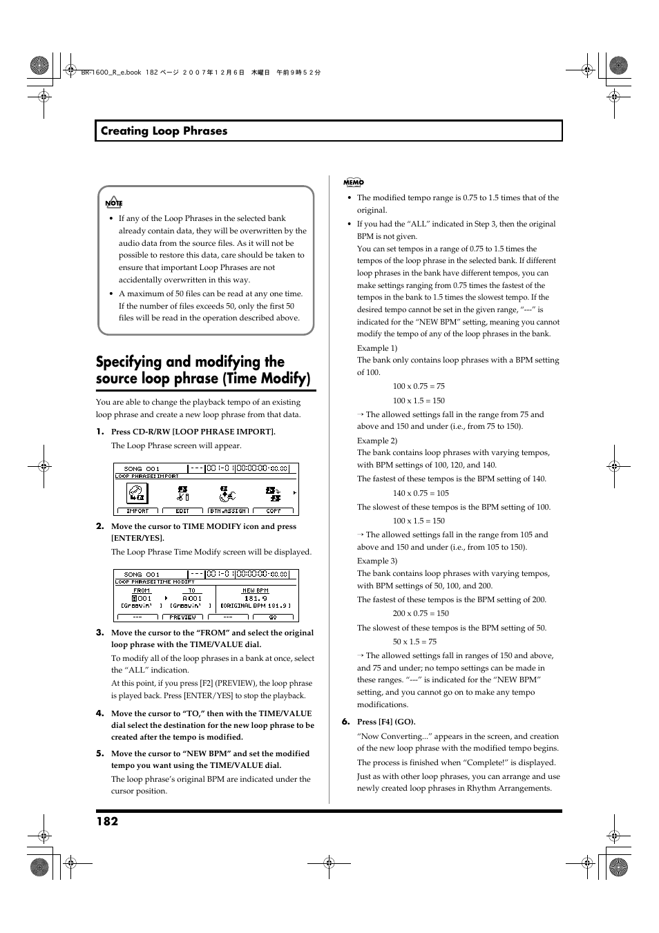 Specifying and modifying the, Source loop phrase (time modify), 182 creating loop phrases | Boss Audio Systems DIGITAL RECORDING STUDIO BR-1600CD User Manual | Page 182 / 312