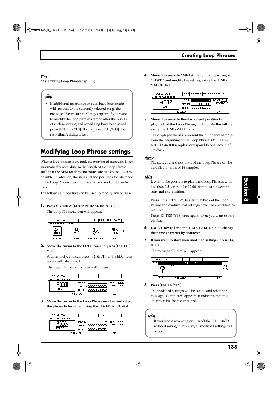 Modifying loop phrase settings, 183 creating loop phrases | Boss Audio Systems DIGITAL RECORDING STUDIO BR-1600CD User Manual | Page 183 / 312