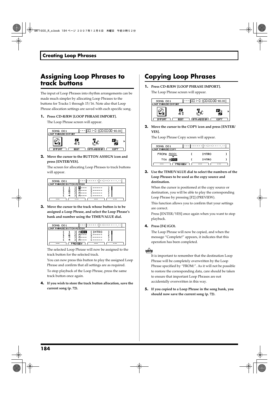 Assigning loop phrases to track buttons, Copying loop phrases, 184 creating loop phrases | Boss Audio Systems DIGITAL RECORDING STUDIO BR-1600CD User Manual | Page 184 / 312