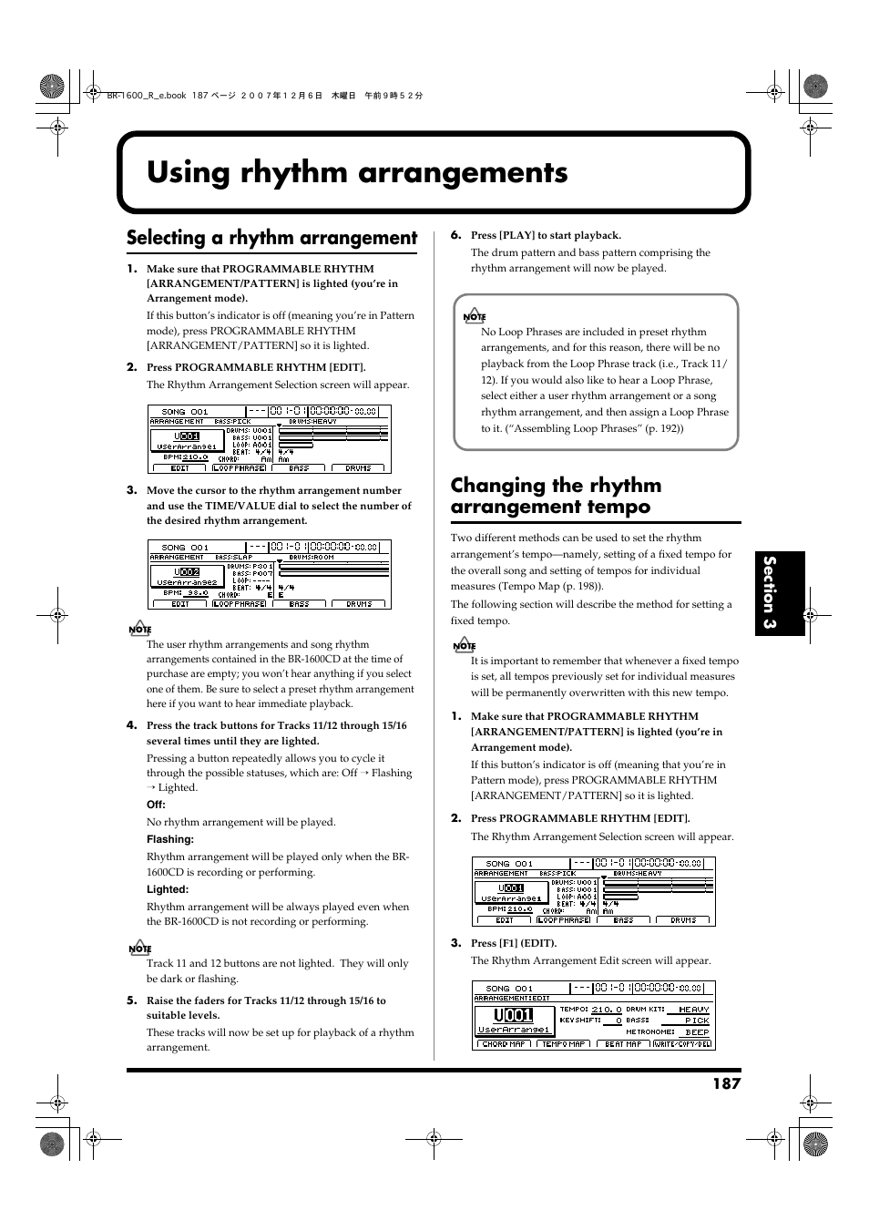 Using rhythm arrangements, Selecting a rhythm arrangement, Changing the rhythm arrangement tempo | Boss Audio Systems DIGITAL RECORDING STUDIO BR-1600CD User Manual | Page 187 / 312