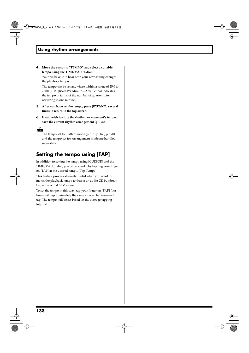 Setting the tempo using [tap | Boss Audio Systems DIGITAL RECORDING STUDIO BR-1600CD User Manual | Page 188 / 312