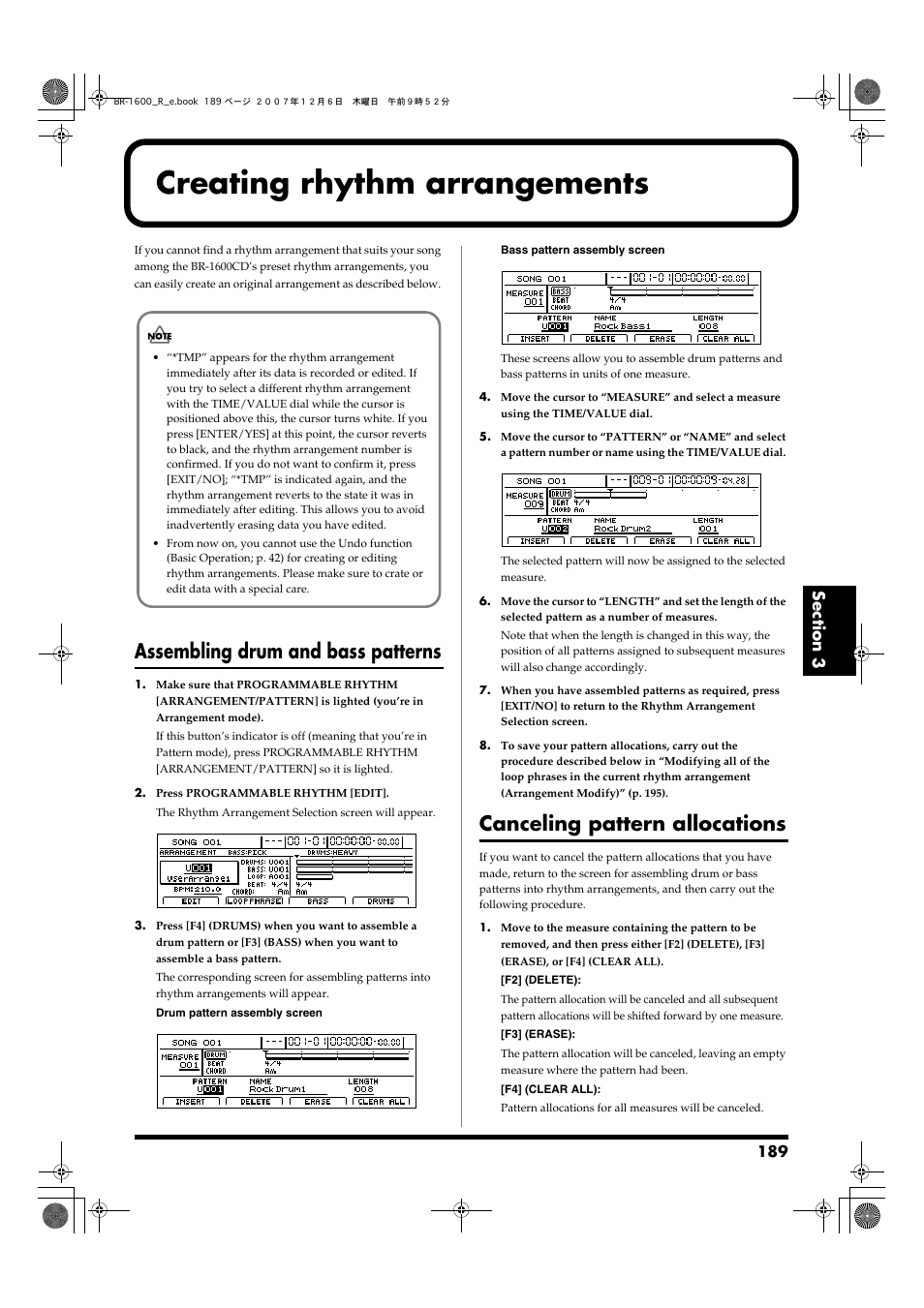 Creating rhythm arrangements, Assembling drum and bass patterns, Canceling pattern allocations | Boss Audio Systems DIGITAL RECORDING STUDIO BR-1600CD User Manual | Page 189 / 312