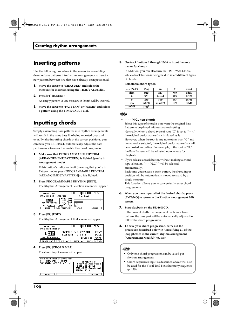 Inserting patterns, Inputting chords, 190 creating rhythm arrangements | Boss Audio Systems DIGITAL RECORDING STUDIO BR-1600CD User Manual | Page 190 / 312