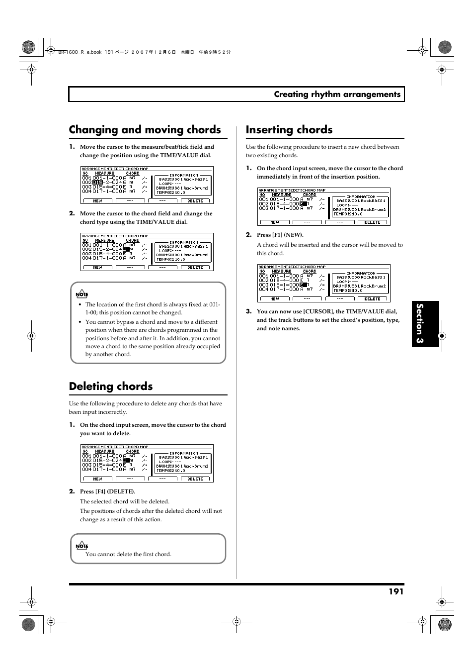 Changing and moving chords, Deleting chords, Inserting chords | 191 creating rhythm arrangements | Boss Audio Systems DIGITAL RECORDING STUDIO BR-1600CD User Manual | Page 191 / 312