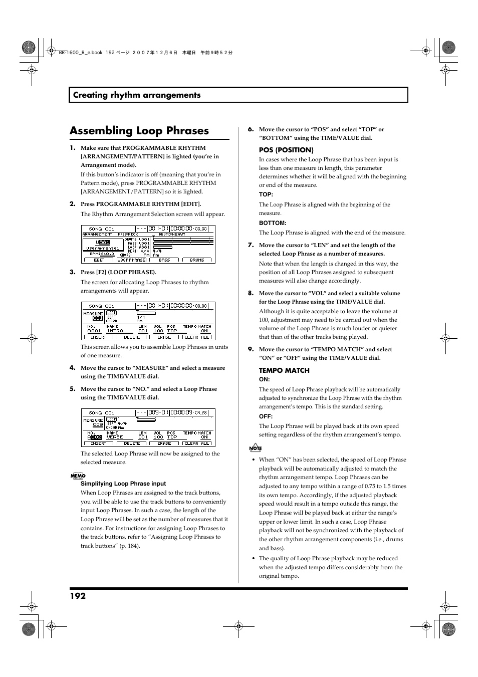 Assembling loop phrases, 192 creating rhythm arrangements | Boss Audio Systems DIGITAL RECORDING STUDIO BR-1600CD User Manual | Page 192 / 312