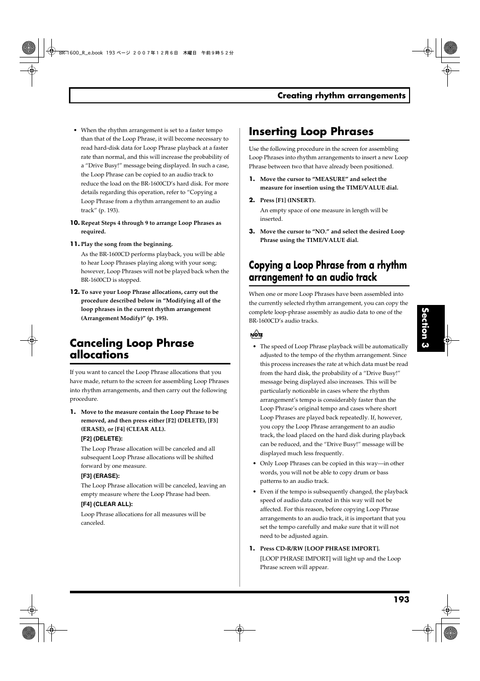 Canceling loop phrase allocations, Inserting loop phrases, Copying a loop phrase from a rhythm | Arrangement to an audio track | Boss Audio Systems DIGITAL RECORDING STUDIO BR-1600CD User Manual | Page 193 / 312