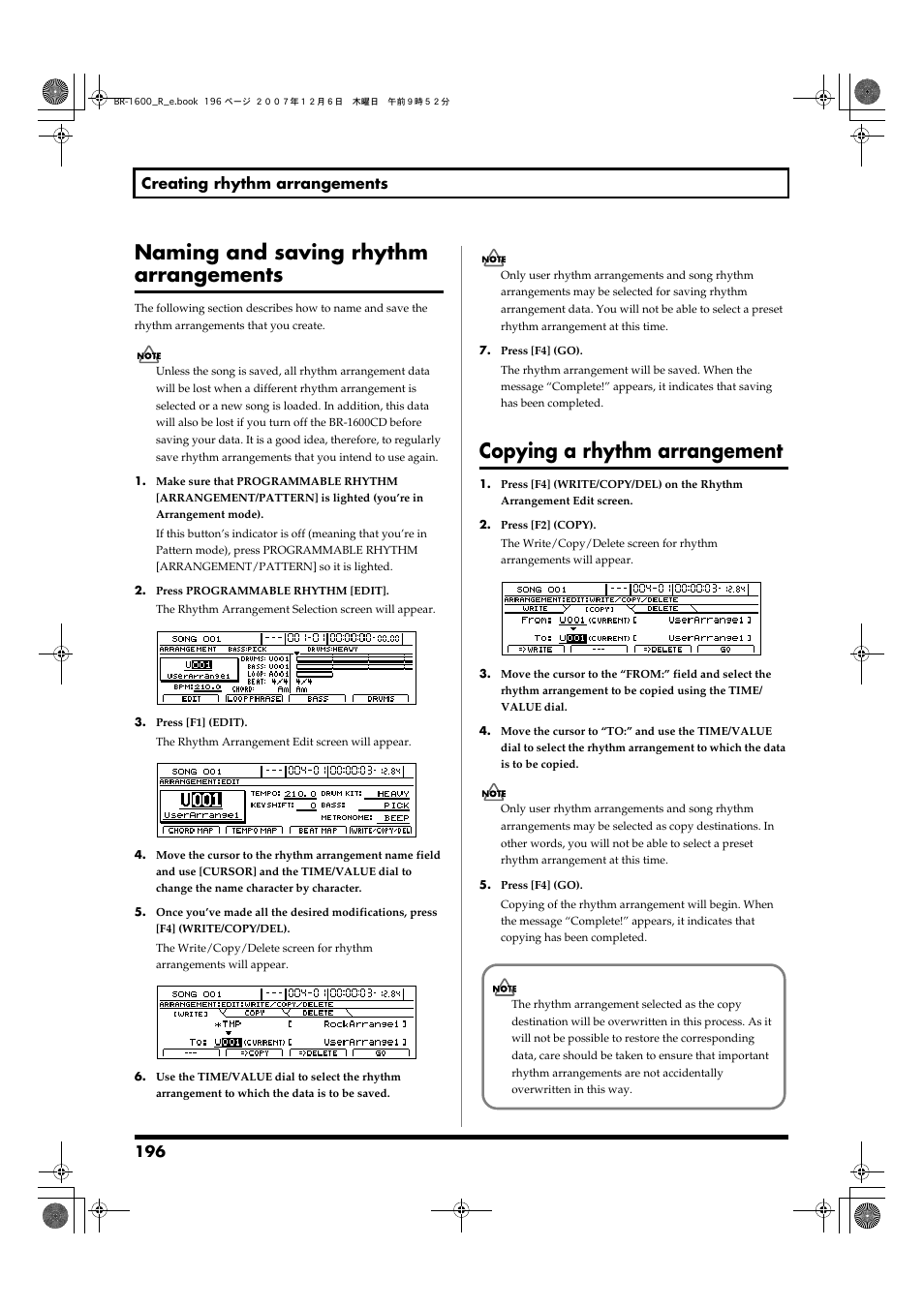 Naming and saving rhythm arrangements, Copying a rhythm arrangement, 196 creating rhythm arrangements | Boss Audio Systems DIGITAL RECORDING STUDIO BR-1600CD User Manual | Page 196 / 312