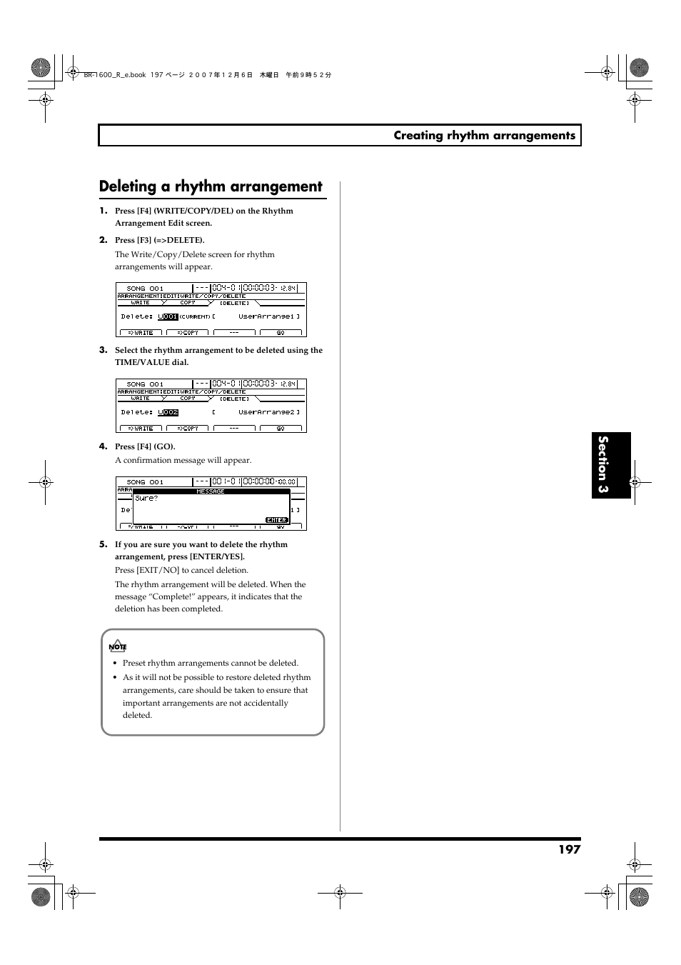 Deleting a rhythm arrangement, 197 creating rhythm arrangements | Boss Audio Systems DIGITAL RECORDING STUDIO BR-1600CD User Manual | Page 197 / 312