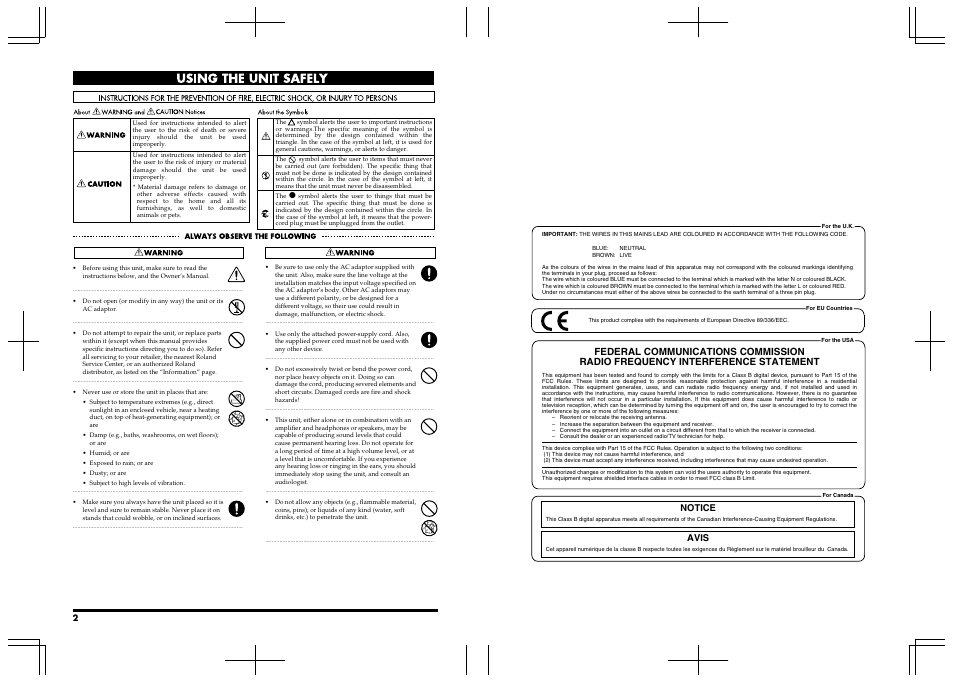Using the unit safely, Notice avis | Boss Audio Systems DIGITAL RECORDING STUDIO BR-1600CD User Manual | Page 2 / 312