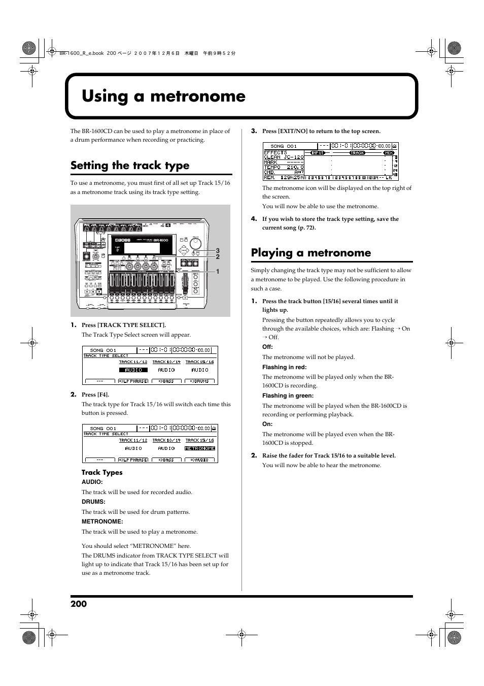 Using a metronome, Setting the track type, Playing a metronome | Boss Audio Systems DIGITAL RECORDING STUDIO BR-1600CD User Manual | Page 200 / 312