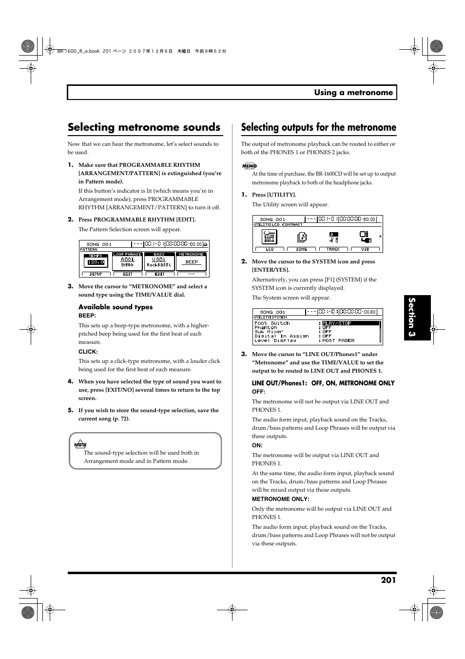 Selecting metronome sounds, Selecting outputs for the metronome, 201 using a metronome | Boss Audio Systems DIGITAL RECORDING STUDIO BR-1600CD User Manual | Page 201 / 312