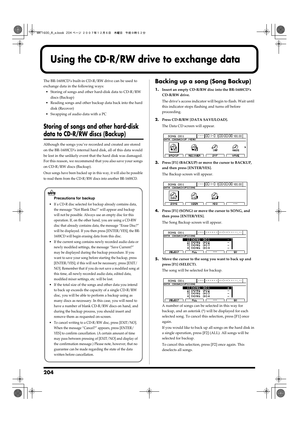 Using the cd-r/rw drive to exchange data, Backing up a song (song backup), Storing of songs and other hard-disk | Data to cd-r/rw discs (backup) | Boss Audio Systems DIGITAL RECORDING STUDIO BR-1600CD User Manual | Page 204 / 312