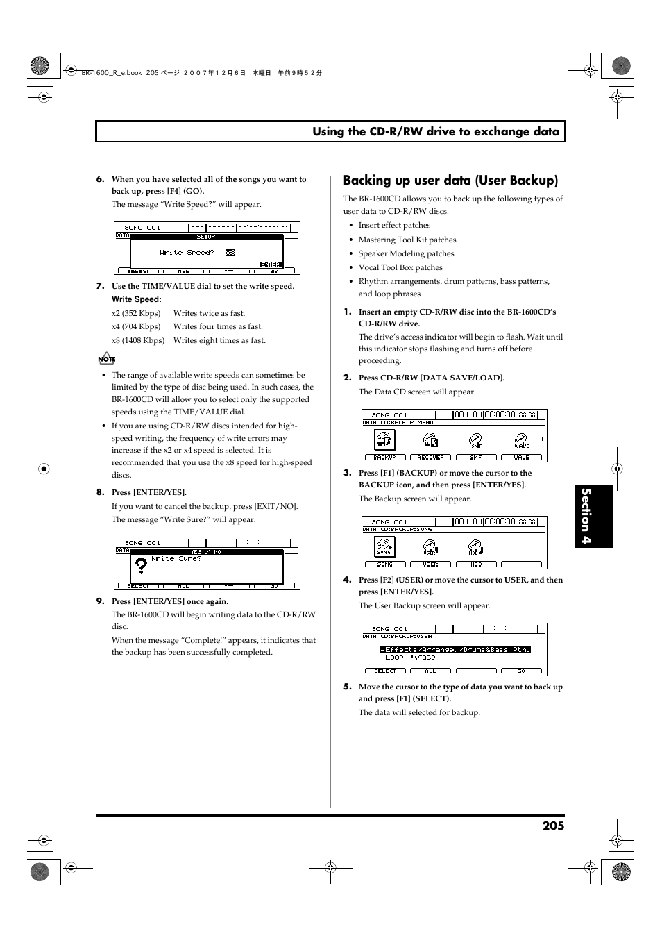 Backing up user data (user backup), 205 using the cd-r/rw drive to exchange data | Boss Audio Systems DIGITAL RECORDING STUDIO BR-1600CD User Manual | Page 205 / 312