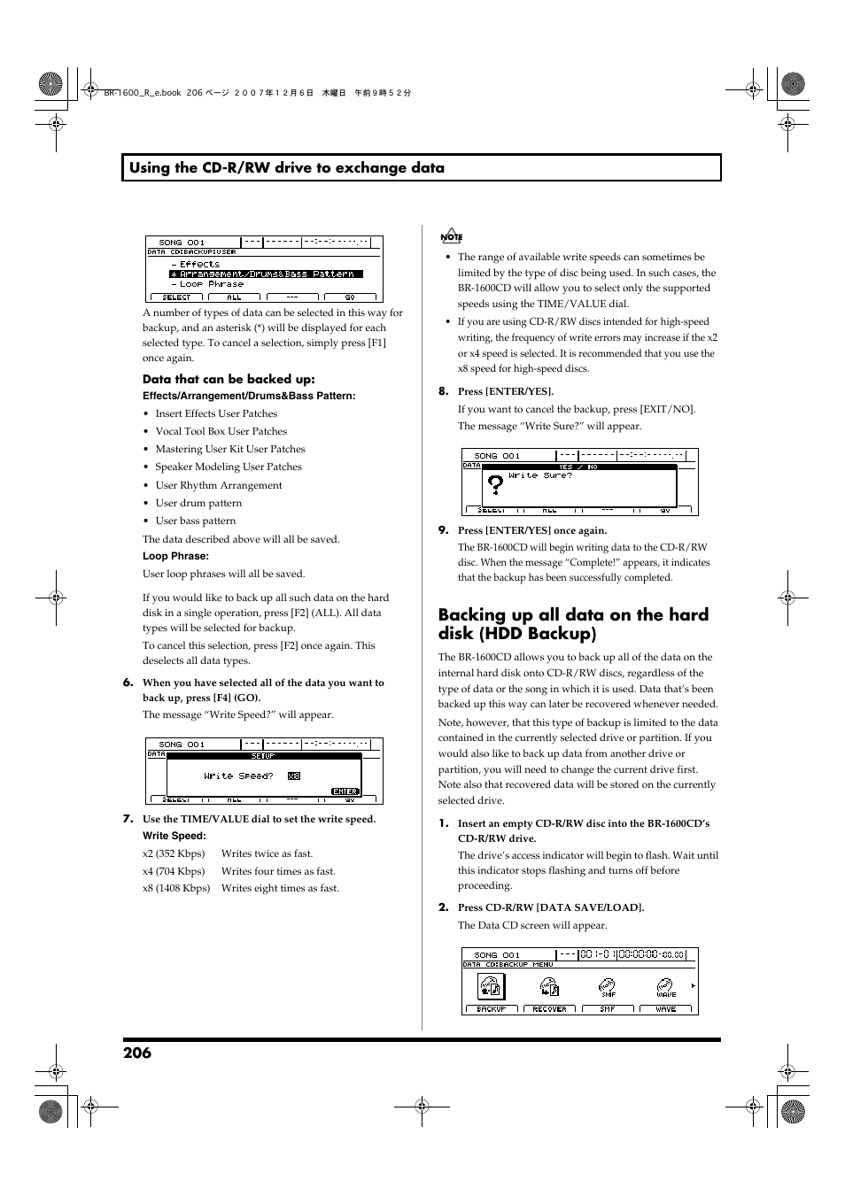 Backing up all data on the hard disk (hdd backup), 206 using the cd-r/rw drive to exchange data | Boss Audio Systems DIGITAL RECORDING STUDIO BR-1600CD User Manual | Page 206 / 312