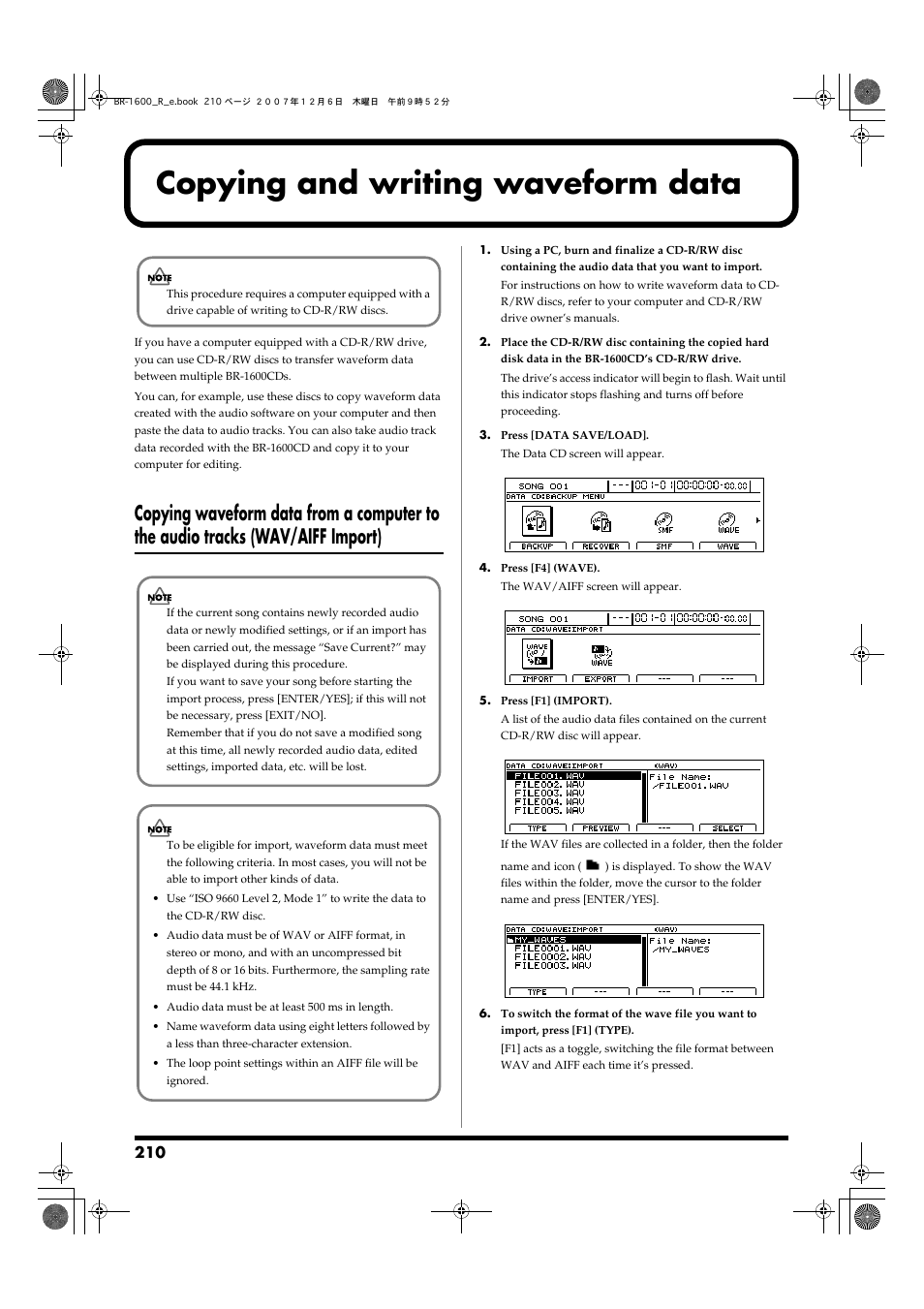 Copying and writing waveform data, Copying waveform data from a computer to, The audio tracks (wav/aiff import) | Boss Audio Systems DIGITAL RECORDING STUDIO BR-1600CD User Manual | Page 210 / 312