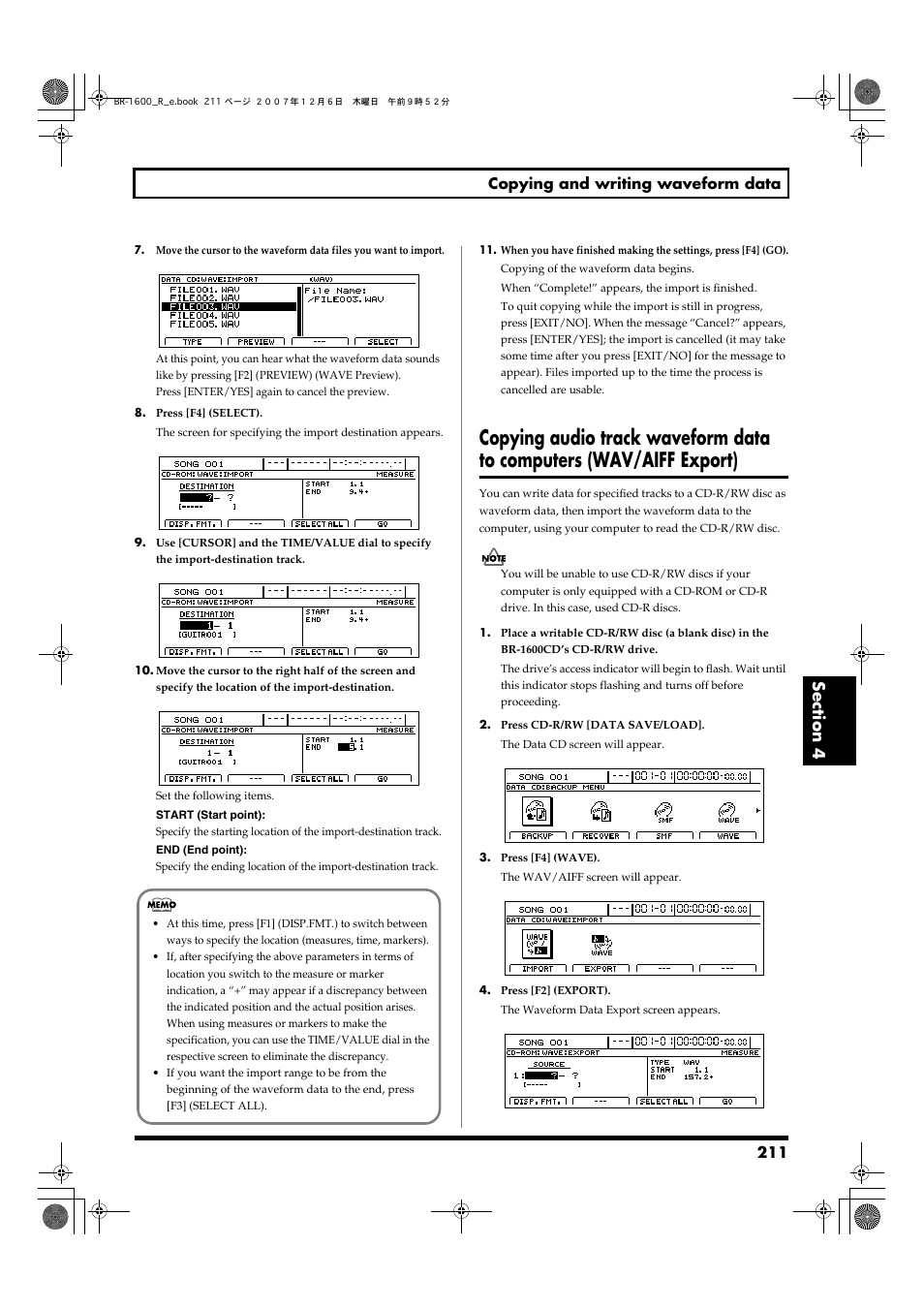 Copying audio track waveform data, 211 copying and writing waveform data | Boss Audio Systems DIGITAL RECORDING STUDIO BR-1600CD User Manual | Page 211 / 312