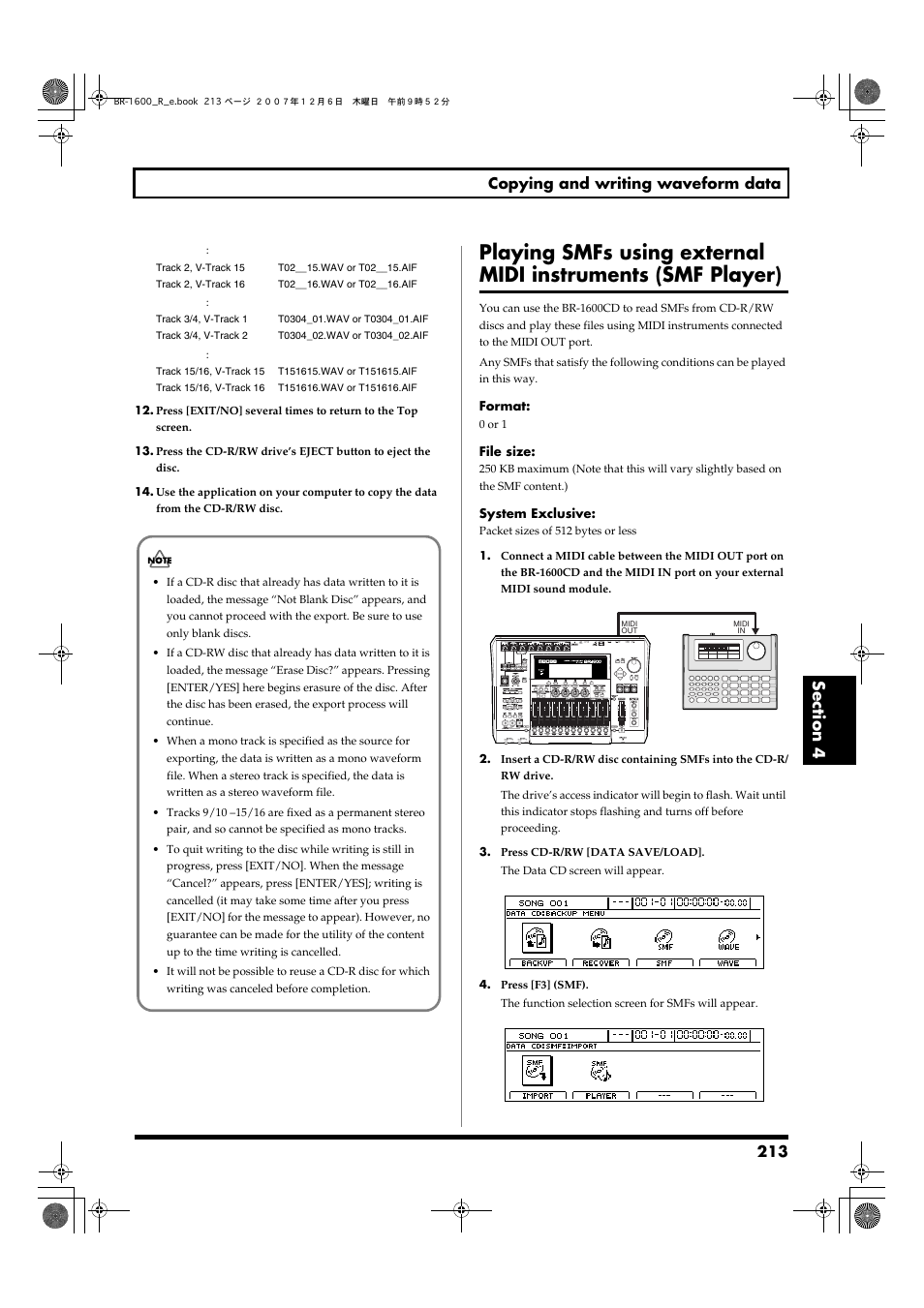 Playing smfs using external, Midi instruments (smf player), 213 copying and writing waveform data | Boss Audio Systems DIGITAL RECORDING STUDIO BR-1600CD User Manual | Page 213 / 312