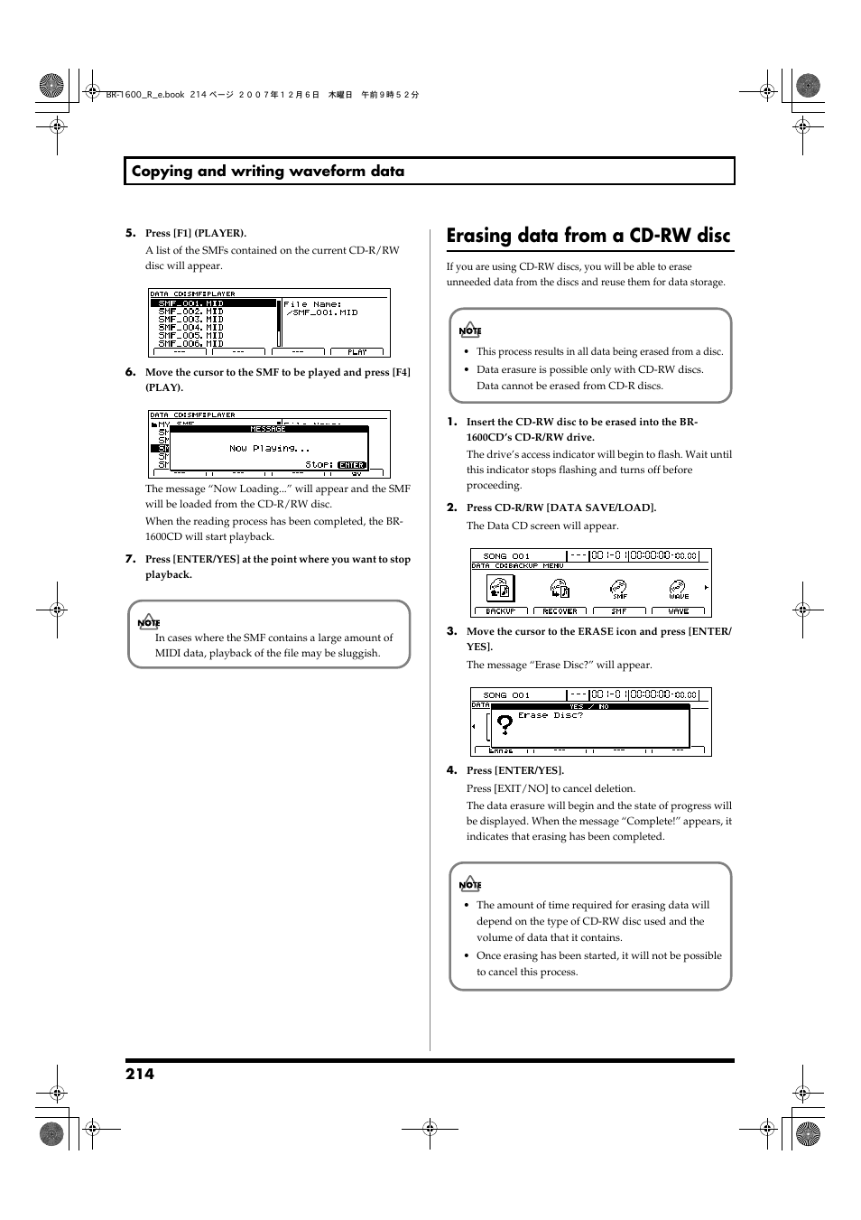 Erasing data from a cd-rw disc, 214 copying and writing waveform data | Boss Audio Systems DIGITAL RECORDING STUDIO BR-1600CD User Manual | Page 214 / 312