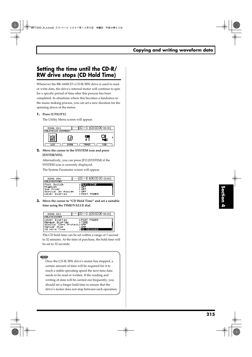 Setting the time until the cd-r, Rw drive stops (cd hold time) | Boss Audio Systems DIGITAL RECORDING STUDIO BR-1600CD User Manual | Page 215 / 312