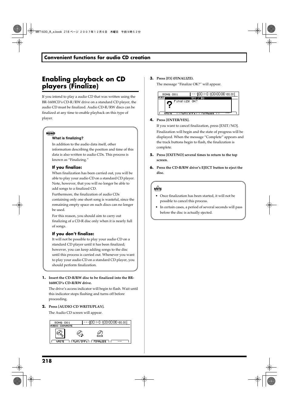 Enabling playback on cd players (finalize), 218 convenient functions for audio cd creation | Boss Audio Systems DIGITAL RECORDING STUDIO BR-1600CD User Manual | Page 218 / 312