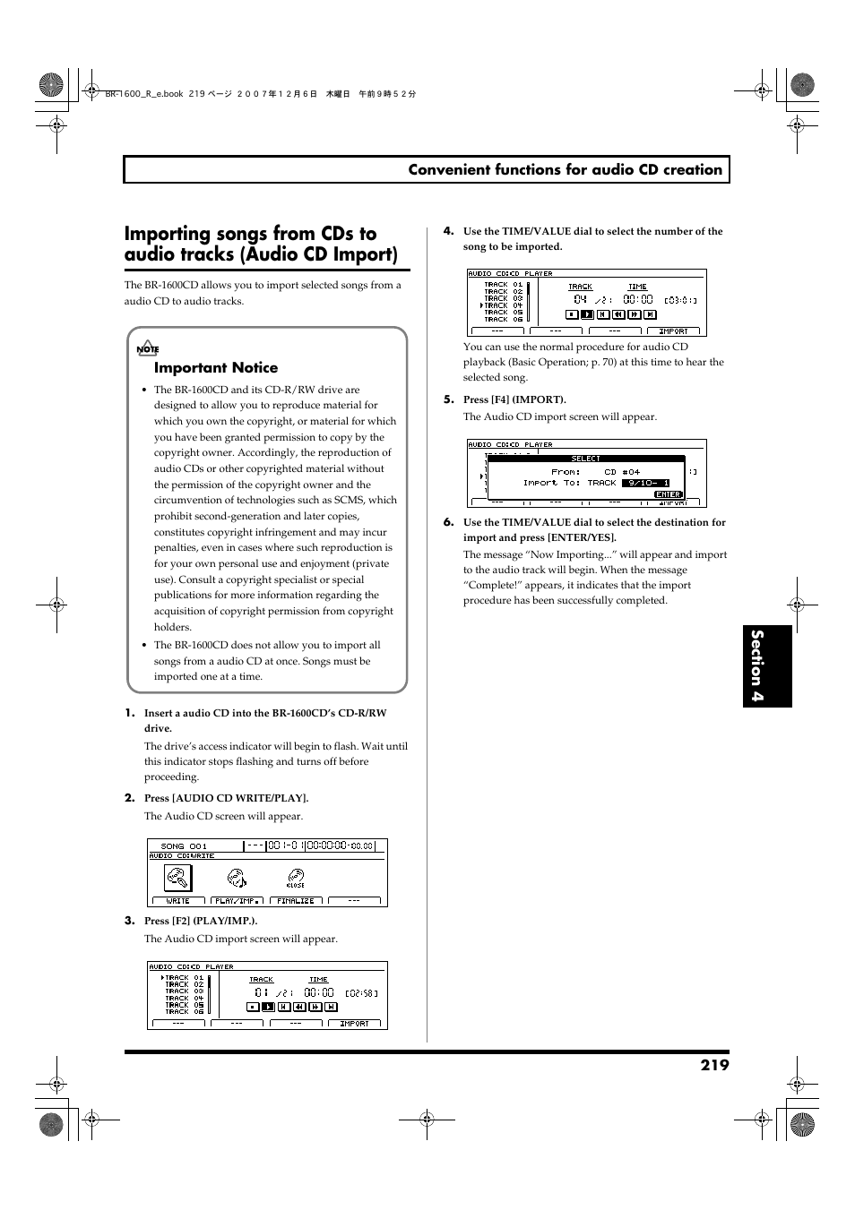 Importing songs from cds to, Audio tracks (audio cd import), 219 convenient functions for audio cd creation | Important notice | Boss Audio Systems DIGITAL RECORDING STUDIO BR-1600CD User Manual | Page 219 / 312