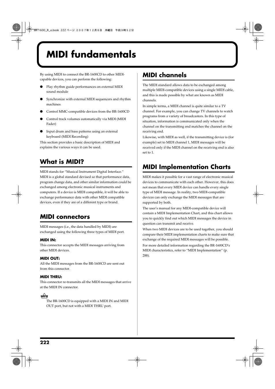 Midi fundamentals, What is midi, Midi connectors | Midi channels, Midi implementation charts | Boss Audio Systems DIGITAL RECORDING STUDIO BR-1600CD User Manual | Page 222 / 312