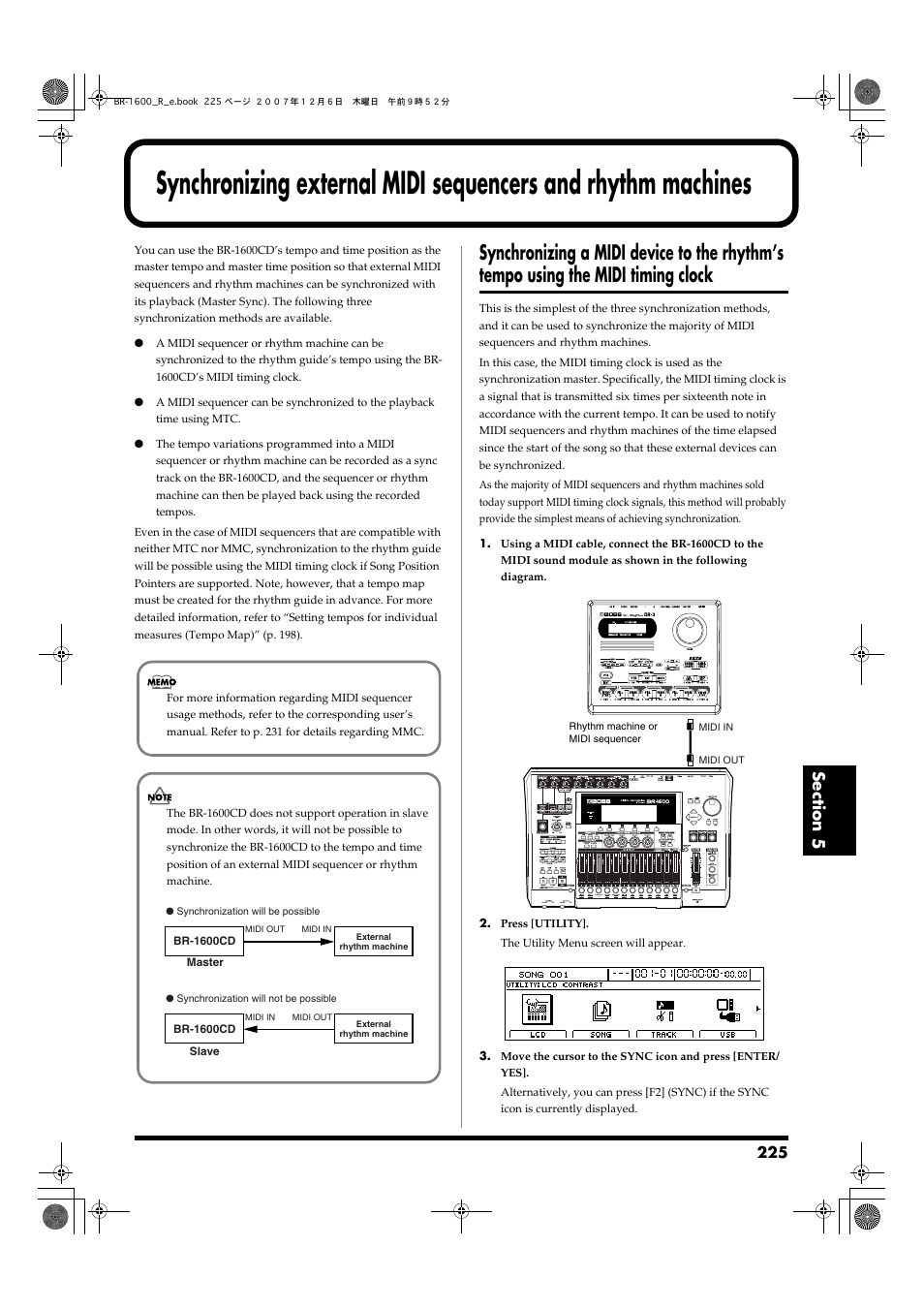 Synchronizing a midi device to the rhythm’s, Tempo using the midi timing clock | Boss Audio Systems DIGITAL RECORDING STUDIO BR-1600CD User Manual | Page 225 / 312