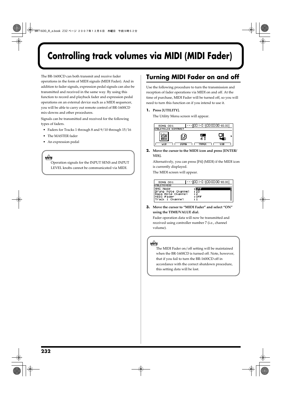 Controlling track volumes via midi (midi fader), Turning midi fader on and off | Boss Audio Systems DIGITAL RECORDING STUDIO BR-1600CD User Manual | Page 232 / 312