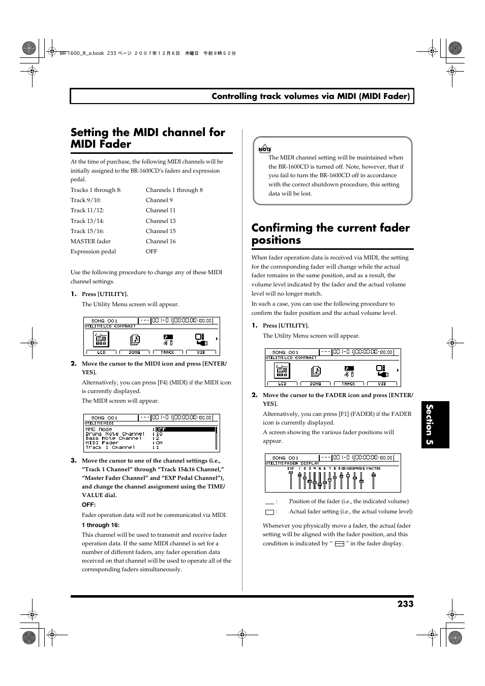 Setting the midi channel for midi fader, Confirming the current fader positions | Boss Audio Systems DIGITAL RECORDING STUDIO BR-1600CD User Manual | Page 233 / 312