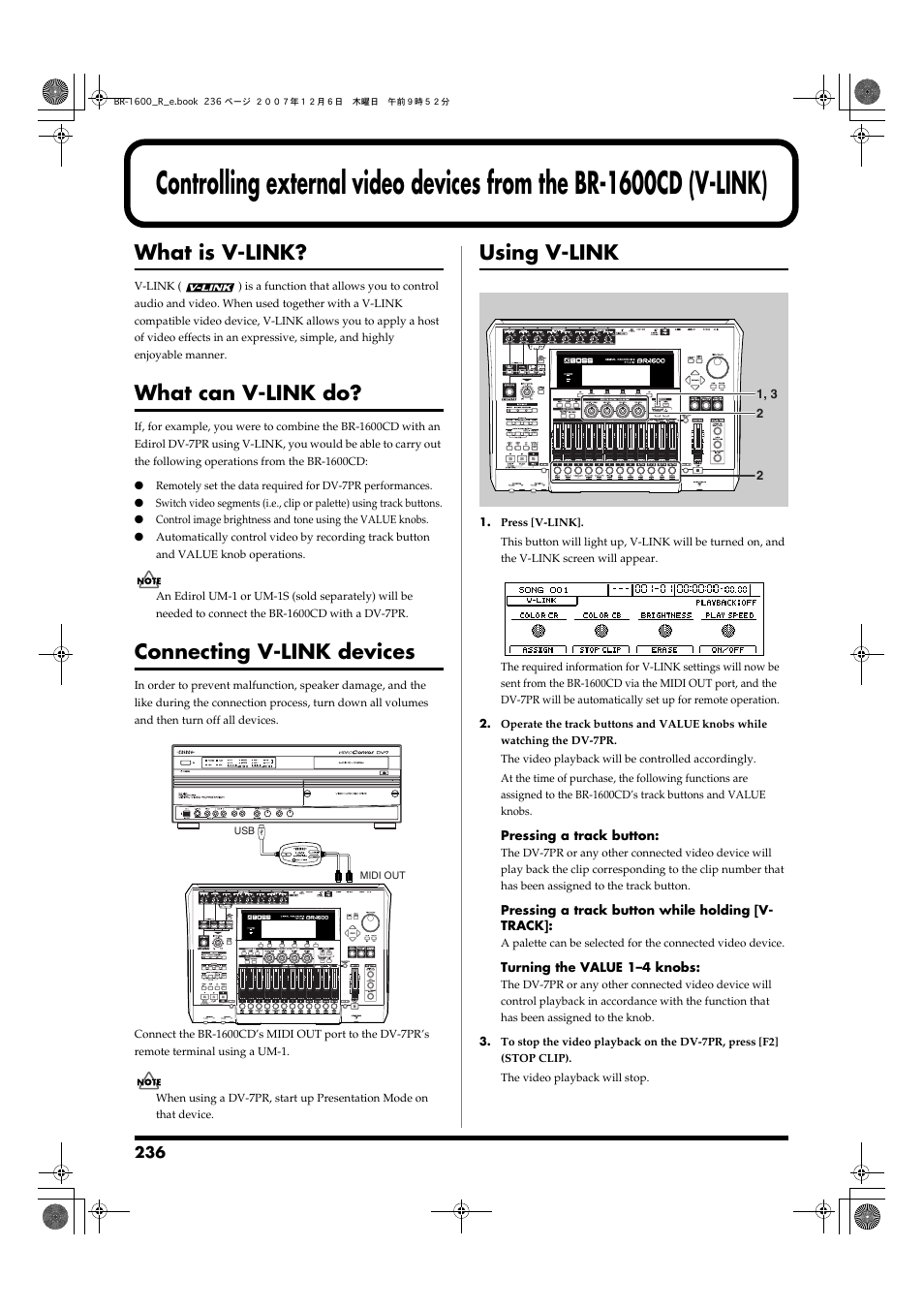 What is v-link, What can v-link do, Connecting v-link devices | Using v-link | Boss Audio Systems DIGITAL RECORDING STUDIO BR-1600CD User Manual | Page 236 / 312