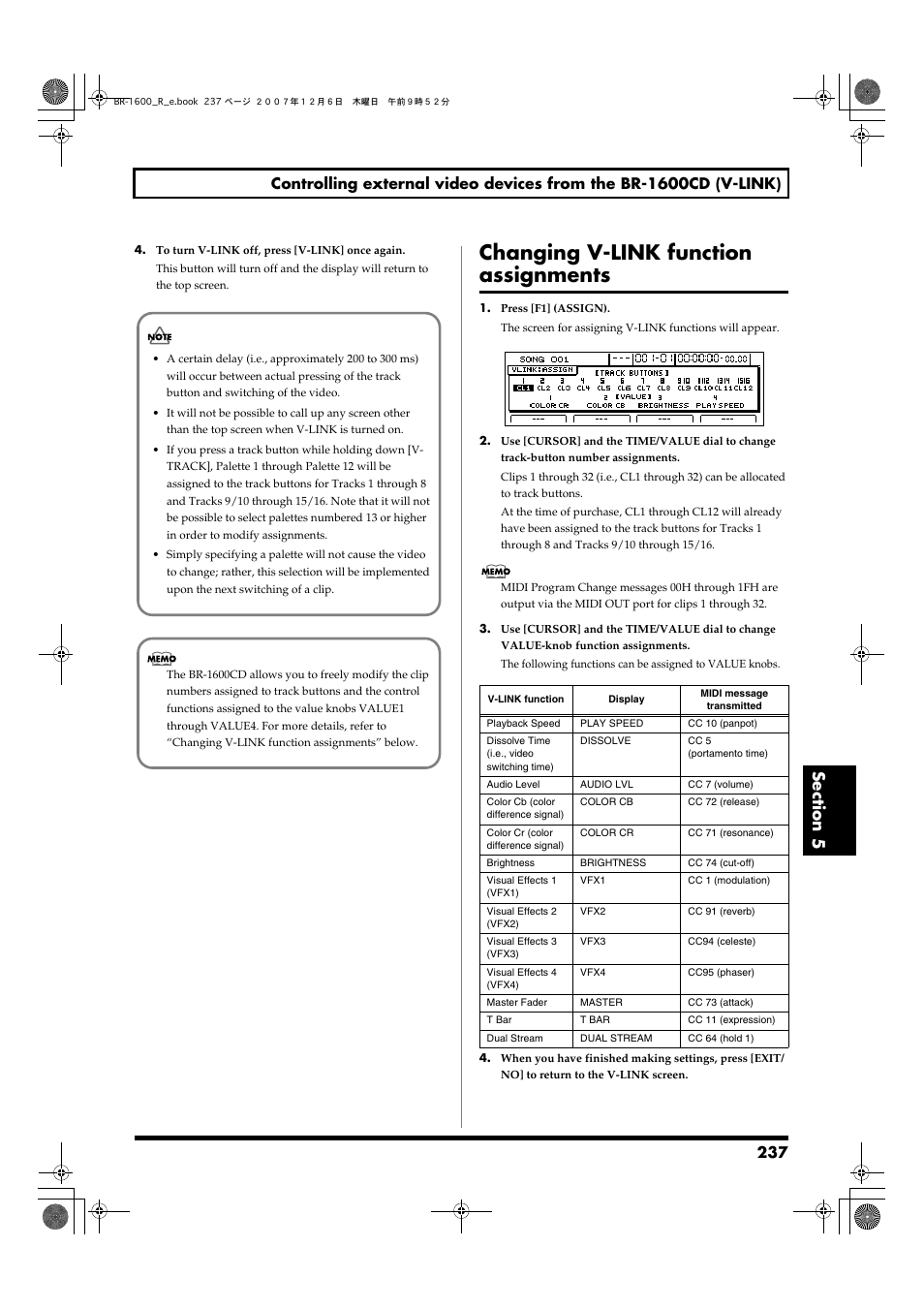 Changing v-link function assignments | Boss Audio Systems DIGITAL RECORDING STUDIO BR-1600CD User Manual | Page 237 / 312