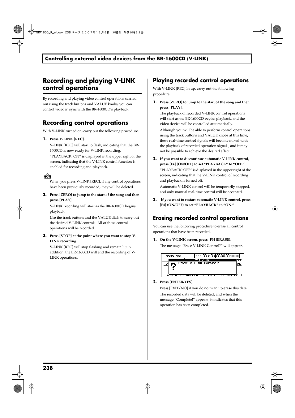 Recording and playing v-link control operations, Recording control operations, Playing recorded control operations | Erasing recorded control operations, Recording and playing v-link, Control operations | Boss Audio Systems DIGITAL RECORDING STUDIO BR-1600CD User Manual | Page 238 / 312