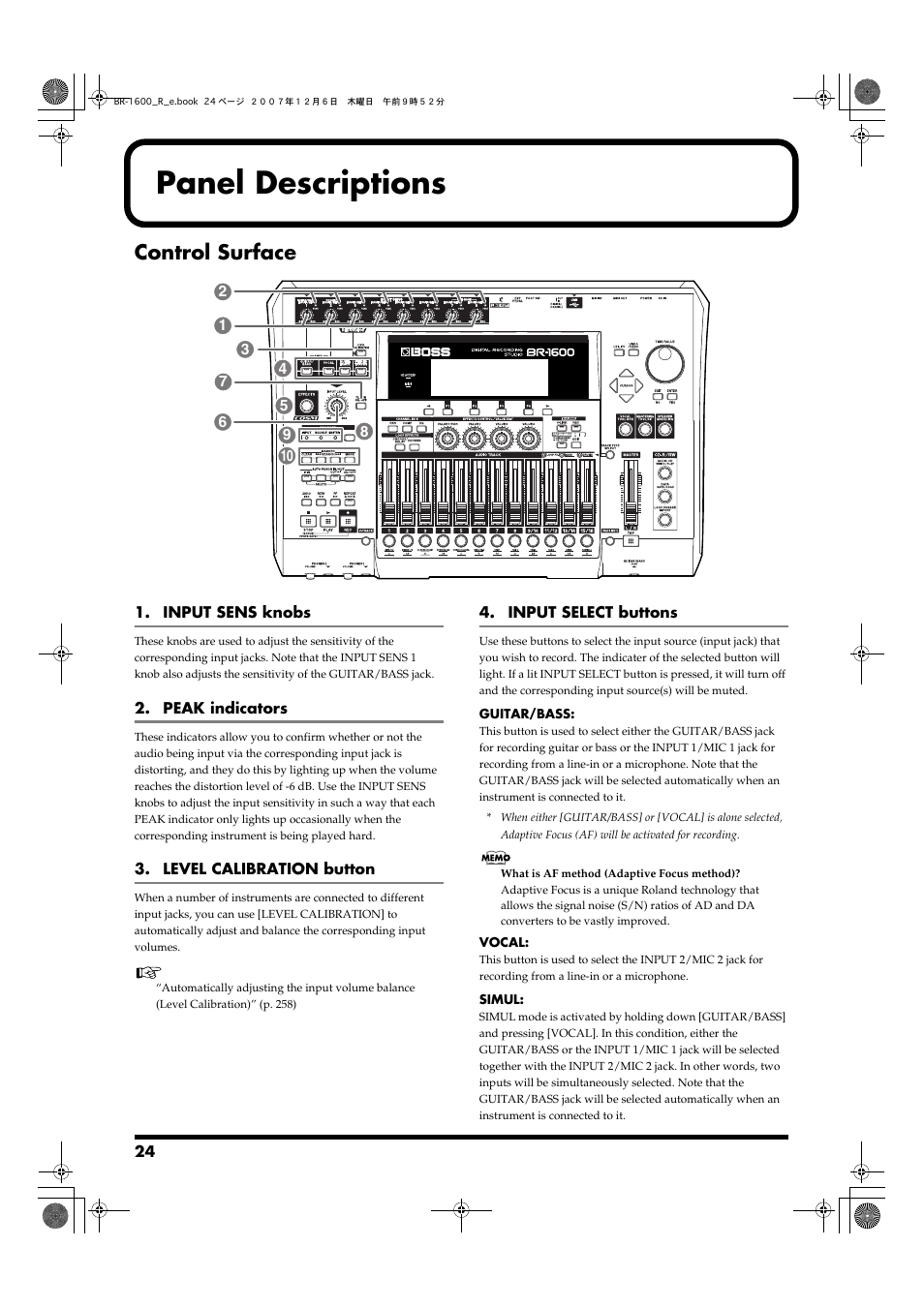 Panel descriptions, Control surface | Boss Audio Systems DIGITAL RECORDING STUDIO BR-1600CD User Manual | Page 24 / 312