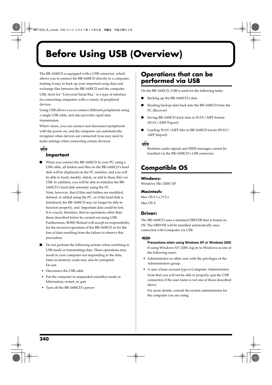 Before using usb (overview), Operations that can be performed via usb, Compatible os | Boss Audio Systems DIGITAL RECORDING STUDIO BR-1600CD User Manual | Page 240 / 312