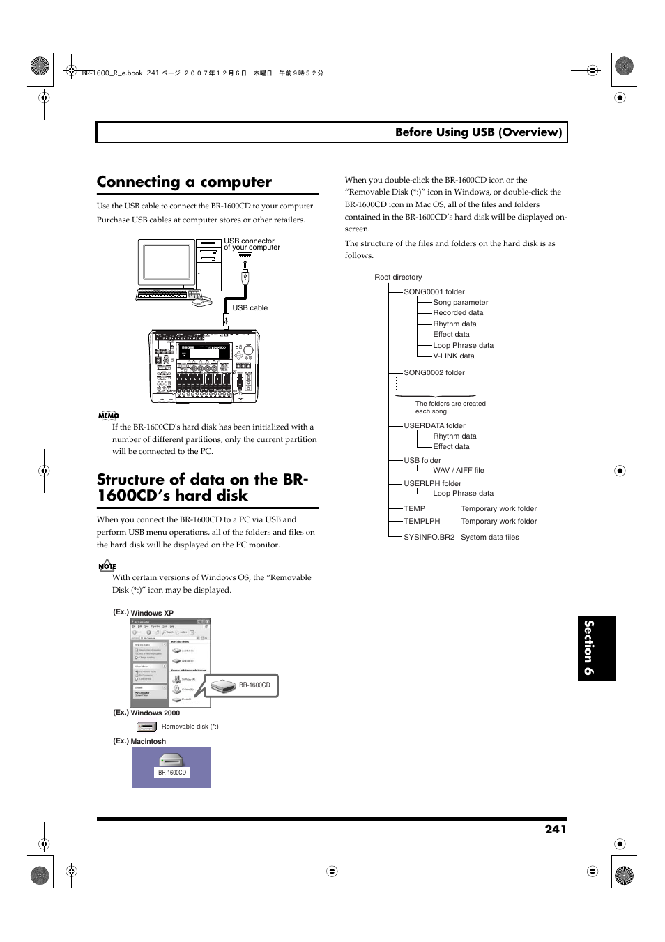 Connecting a computer, Structure of data on the br- 1600cd’s hard disk, Structure of data on the br-1600cd’s hard disk | 241 before using usb (overview) | Boss Audio Systems DIGITAL RECORDING STUDIO BR-1600CD User Manual | Page 241 / 312