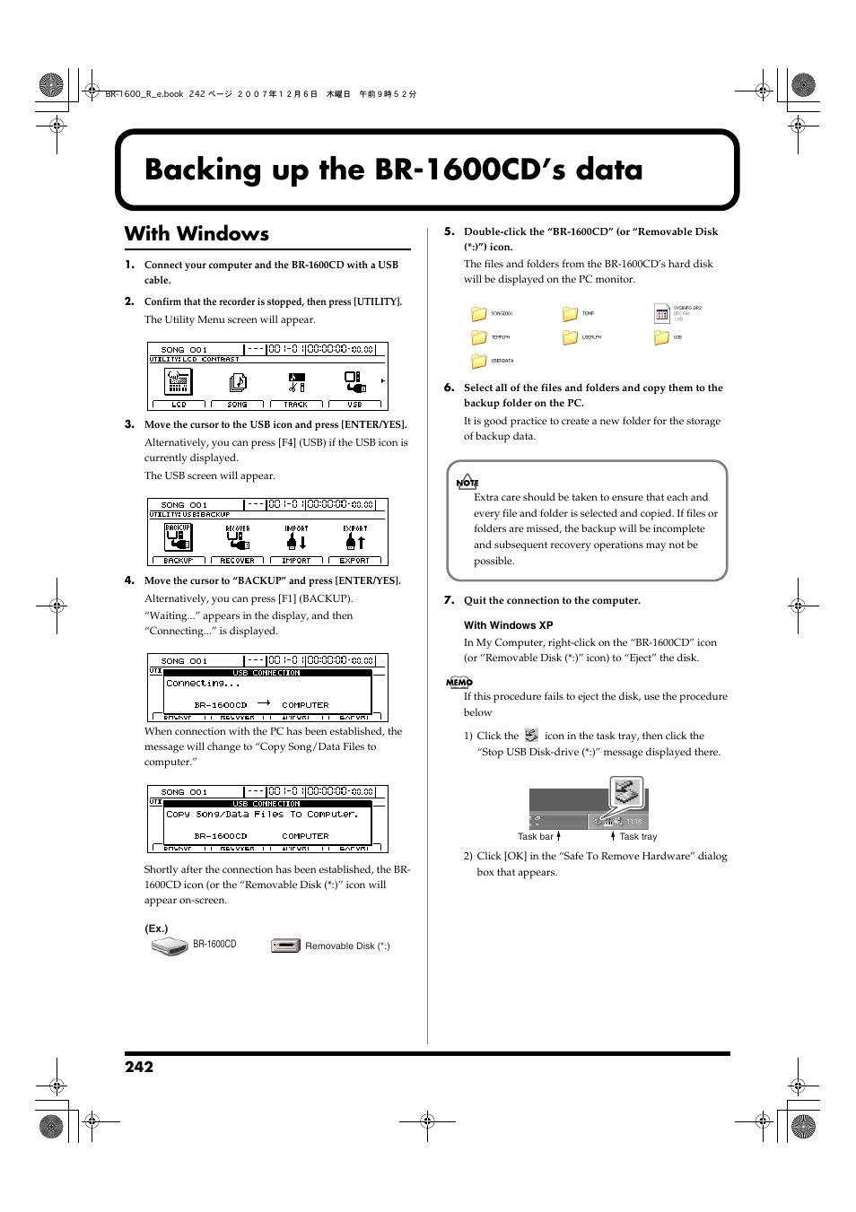 Backing up the br-1600cd’s data, With windows | Boss Audio Systems DIGITAL RECORDING STUDIO BR-1600CD User Manual | Page 242 / 312