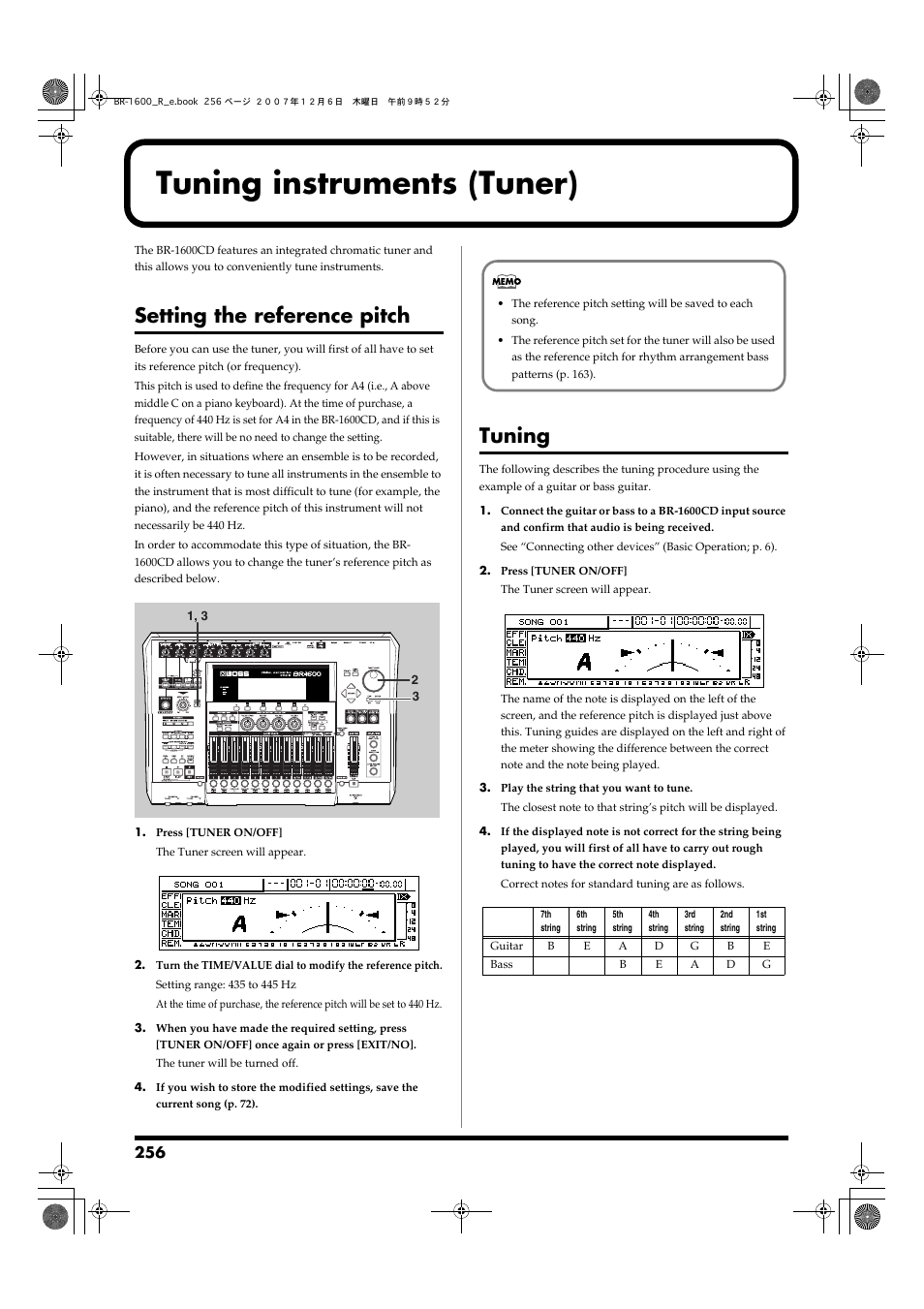 Tuning instruments (tuner), Setting the reference pitch, Tuning | Guitar or bass guitar connected to it (p. 256) | Boss Audio Systems DIGITAL RECORDING STUDIO BR-1600CD User Manual | Page 256 / 312