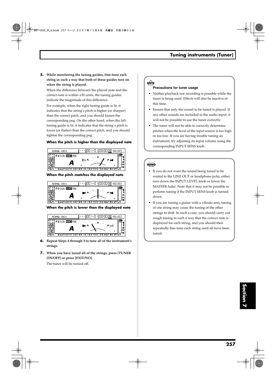 257 tuning instruments (tuner) | Boss Audio Systems DIGITAL RECORDING STUDIO BR-1600CD User Manual | Page 257 / 312