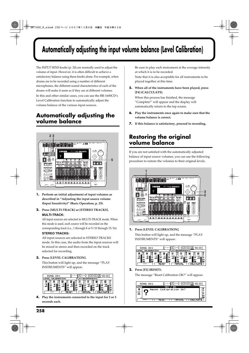 Automatically adjusting the volume balance, Restoring the original volume balance, P. 258) | Boss Audio Systems DIGITAL RECORDING STUDIO BR-1600CD User Manual | Page 258 / 312