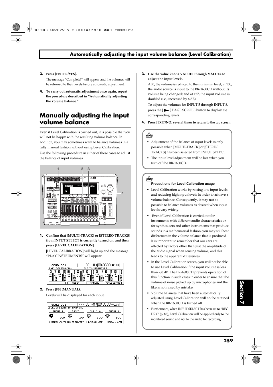 Manually adjusting the input volume balance | Boss Audio Systems DIGITAL RECORDING STUDIO BR-1600CD User Manual | Page 259 / 312