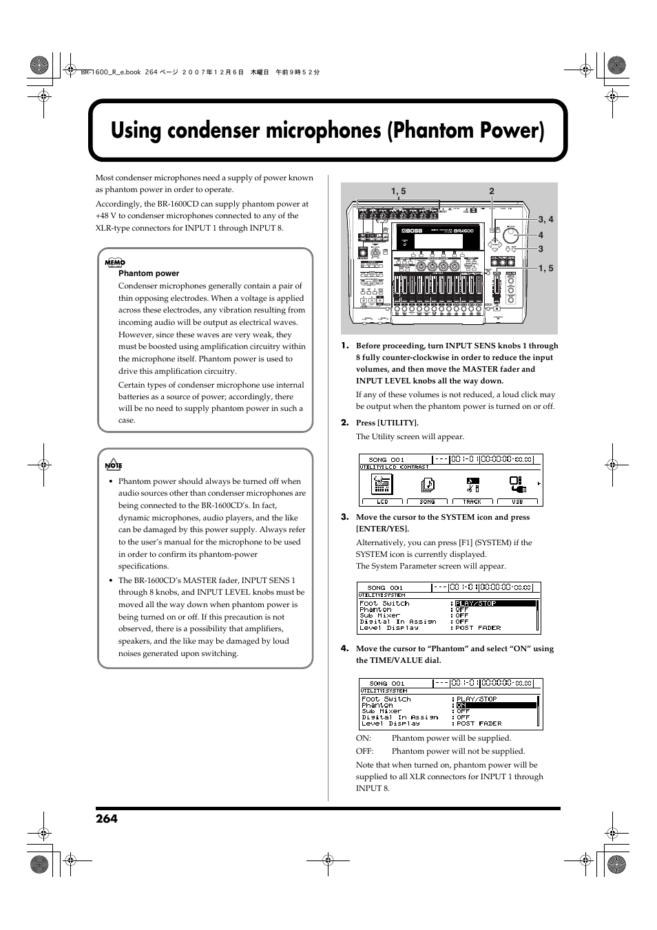 Using condenser microphones (phantom power) | Boss Audio Systems DIGITAL RECORDING STUDIO BR-1600CD User Manual | Page 264 / 312