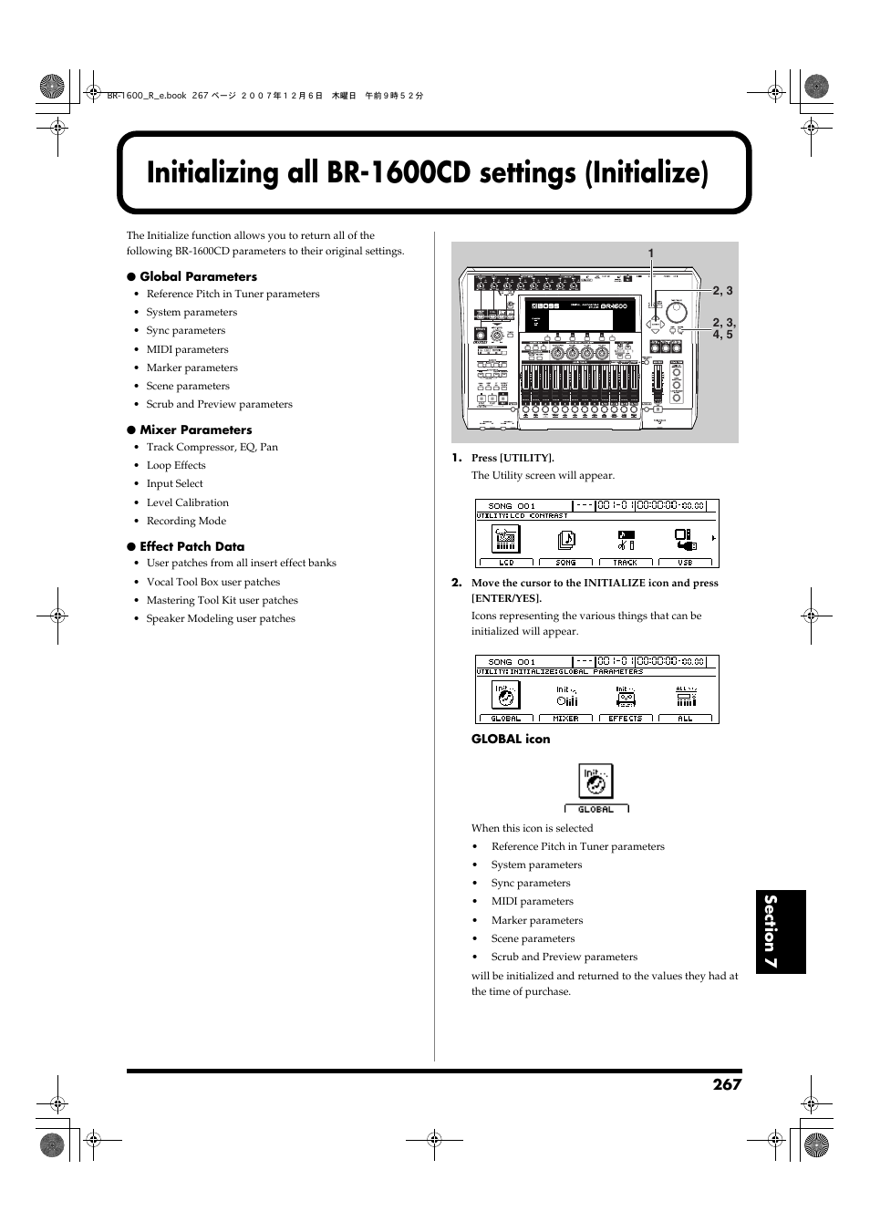 Initializing all br-1600cd settings (initialize) | Boss Audio Systems DIGITAL RECORDING STUDIO BR-1600CD User Manual | Page 267 / 312